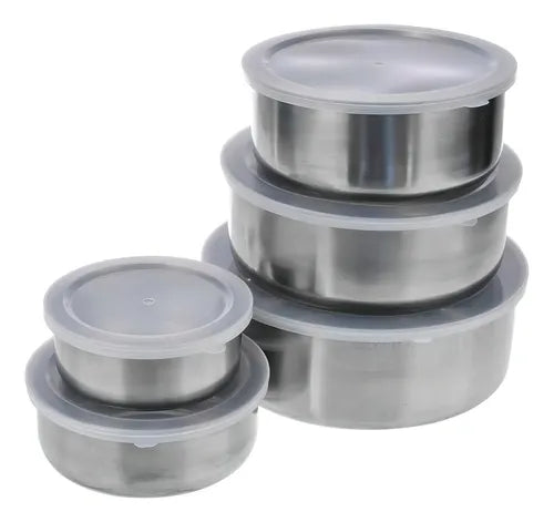 Jogo 5 Pote Tigela Inox Alumínio Com Tampa Hermético Redondo