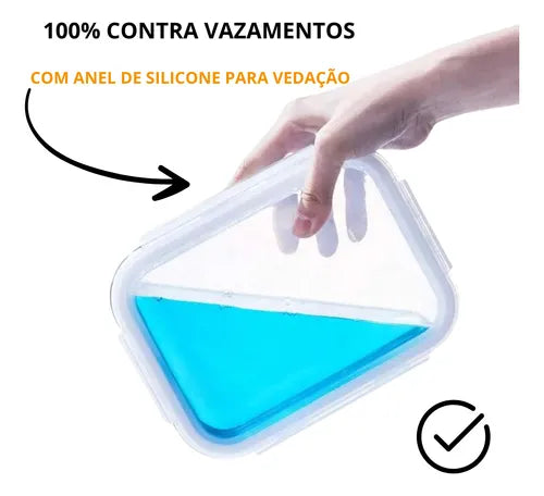 Yab - Kit 5 Potes De Vidro Marmita C/ Tampa Hermético 640ml Retangular 4 Travas Borossilicato Alimentos Micro-ondas Freezer Geladeira