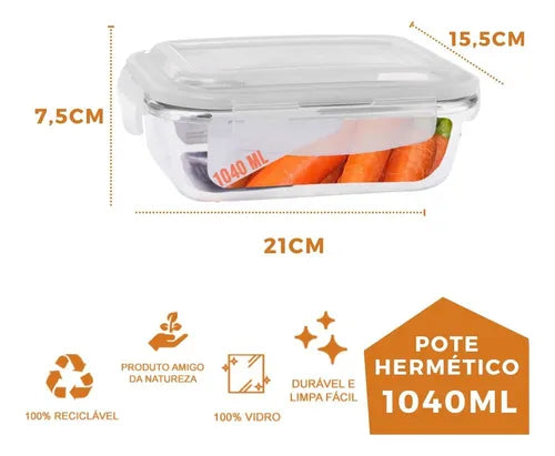 Pote De Vidro 1040ml Hermético Marmita Com 4 Travas