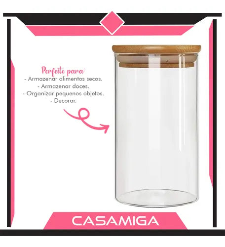 Kit 3 Potes Borossilicato Hermético Tampa Bambu 1100ml Class