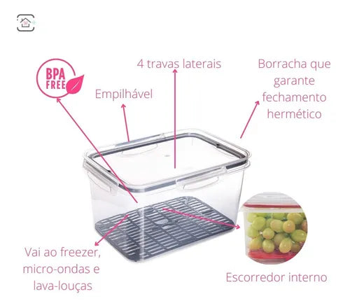 Pote Hermético Retangular Com Escorredor 4 Litros Plasutil
