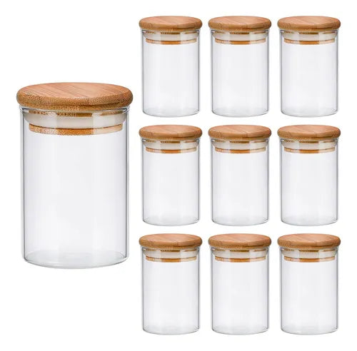 Kit 10 Pote Vidro 300ml Redondo Hermeticos C/ Tampa De Bambu