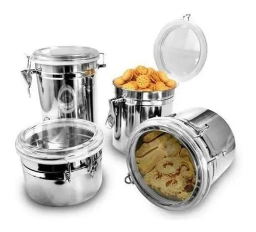 Conjunto 4 Potes Hermético Inox Mantimentos Vedação Premium