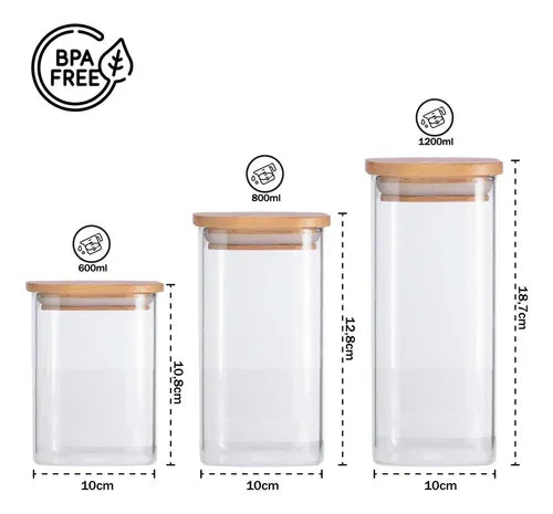 Kit 05 Potes Herméticos De Vidro Com Tampa De Bambu E Silicone Recipiente Armazenamento De Alimentos Jogo Porta Mantimentos Temperos Pote De Condimentos Organizador De Cozinha Multifuncional
