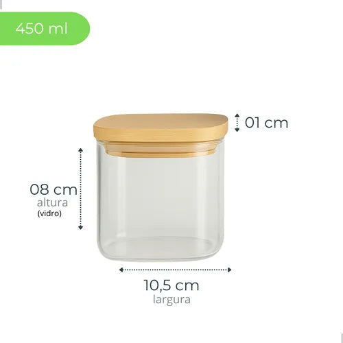 Kit 3 Potes Herméticos De Vidro Mantimentos Com Tampa Bambu