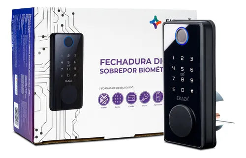 Fechadura Eletronica Digital Sobrepor Com Biometria Senha Cartão Chave Abre Com Aplicativo Wifi Tuya Voz Portugues Porta Madeira espessura entre 35mm e 50mm Cor Preto Ekaza T328