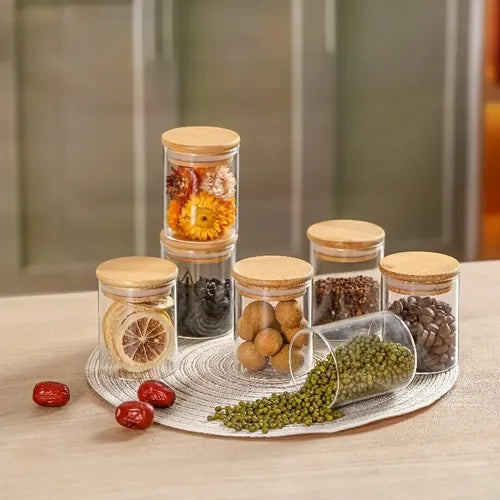 Kit 6 Potes Vidro Hermetico Com Tampa Bambu Redondo 200ml