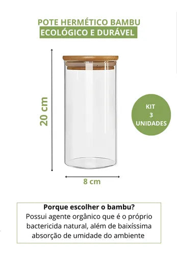 Kit 3 Pote Hermético Vidro Tampa Bambu 1000ml Mantimentos