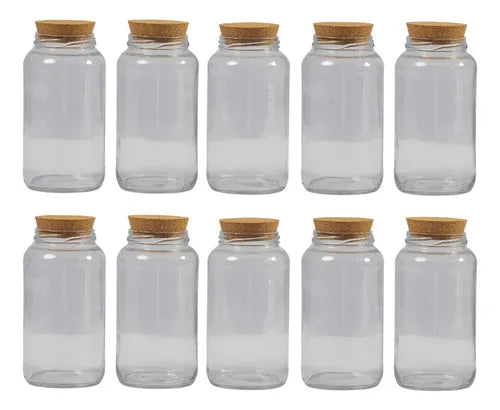 Kit 10 Potes Médios De Vidro 810 Ml Com Tampa Cortiça Cor Transparente