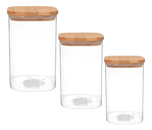 Pote Porta Mantimentos Quadrado Com Tampa De Bambu Kit Com 3