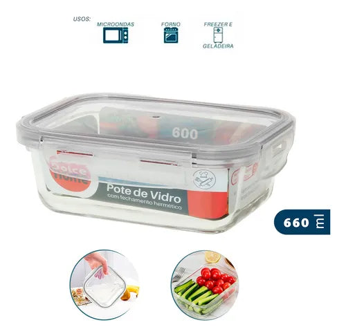 Conjunto C/4 Potes De Vidro Hermético Marmita 600ml C/ Trava Cor Vermelho