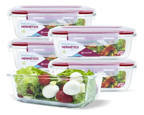 Conjunto 5 Pote Vidro Hermética Quentinha Marmita 640ml