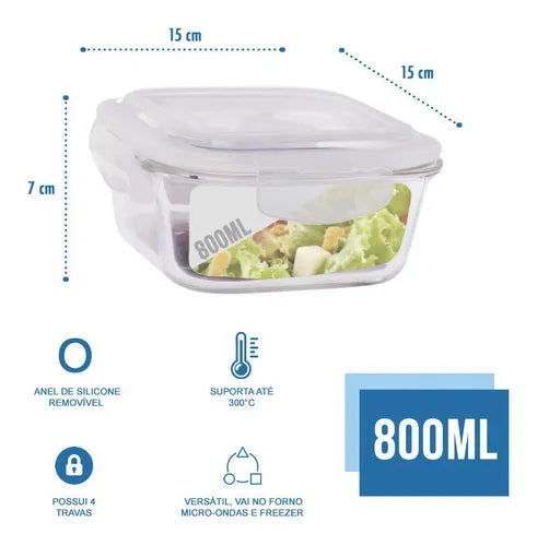 Conjunto 4 Pote Vidro 800ml Hermético Marmita Tampa 4 Travas
