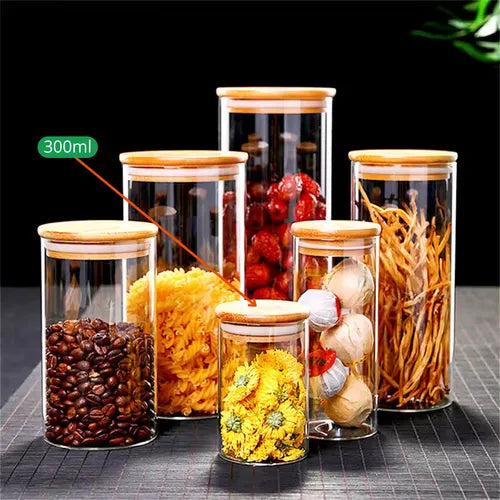 Pote Vidro 300ml Hermetico Tampa Bambu Premium Graos Cereais