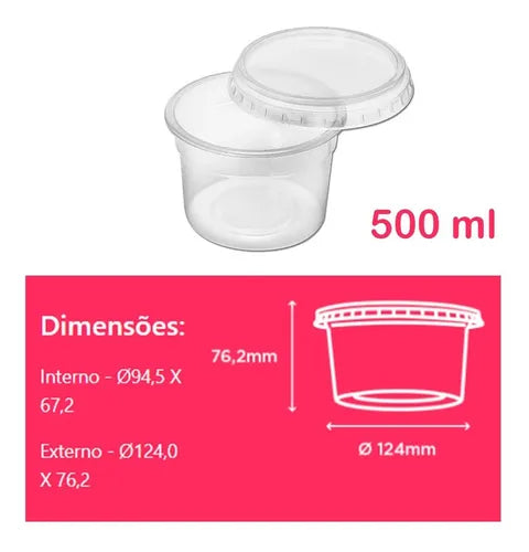 Pote Redondo Descartável 500ml Tampa Freezer Microondas 48un Cor Transparente