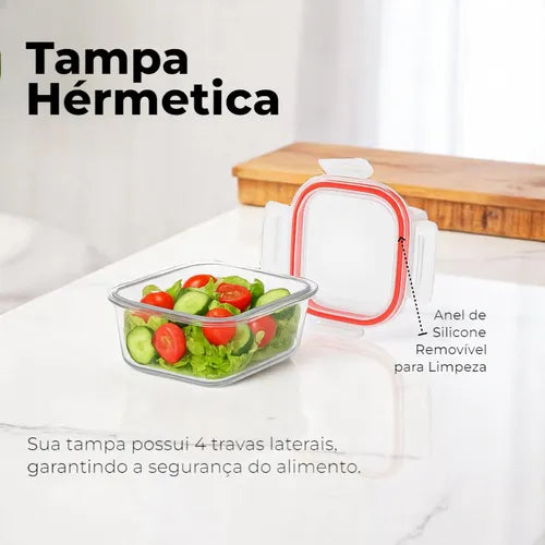 Pote Vidro Hermético Retangular Marmita 370ml Kit 6 Peças