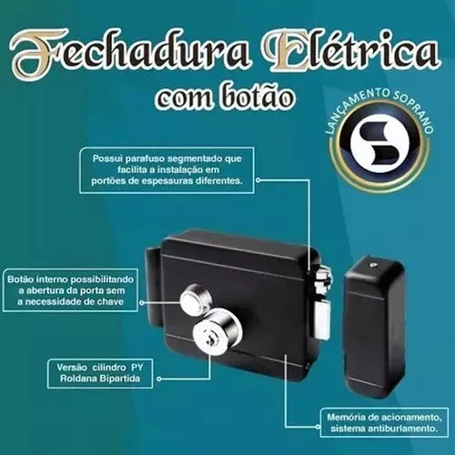 Fechadura Elétrica Soprano Portão Inox 12v Com Botão