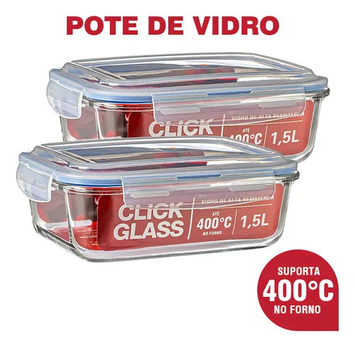 Kit 2 Potes De Vidro 100% Herméticos 1,5l Click Glass PV Cor Transparente