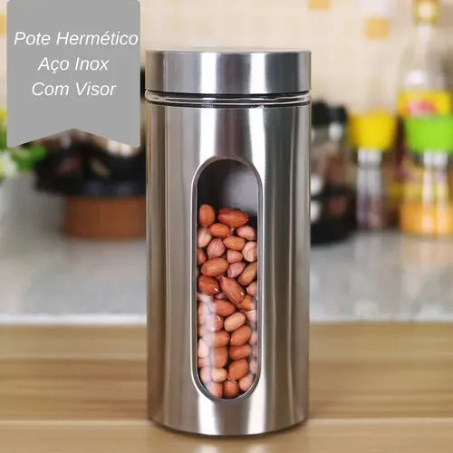 Kit 3 Potes Hermético Mantimentos Aço Inox 1l Visor Vedação