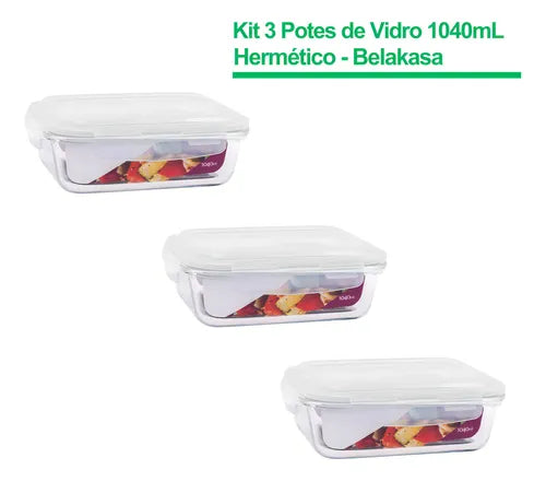 Kit 3 Potes Retangular 1040ml Com Tampa Hermética E 4 Travas