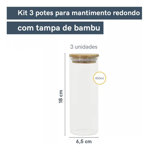 Kit 3 Potes De Vidro Hermético C/ Tampa De Bambu 450ml Cor Marrom-claro