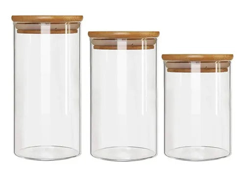 Kit 3 Potes Borossilicato Hermético Tampa Bambu Class Home Cor Marrom-claro