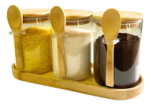 Conjunto Potes De Vidro Lumai 550ml Tampa Colher Com Bandeja Cor Transparente Organização Cozinha Porta Mantimentos Café Nescau Açucar Temperos