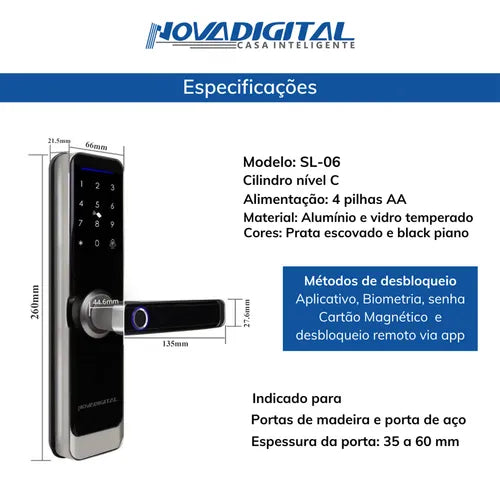 Fechadura Inteligente Wifi Biométrica Eletrônica Digital Touch NovaDigital SL06 Tuya Smart Life Preto Prata