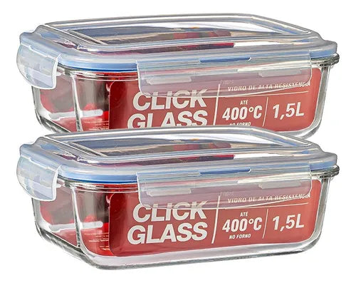 Kit 2 Potes De Vidro 100% Herméticos 1,5l Click Glass PV Cor Transparente