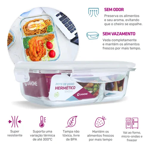 Kit 2 Potes Vidro Divisória Hermético Marmita 1040ml Cor Branco
