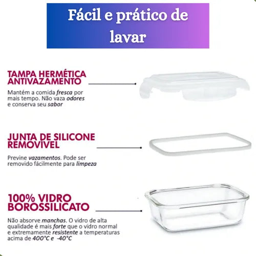 4 Potes Retangular Hermético 640ml Com Divisória Microondas Vidro Resistente A Variações De Temperatura Ms Variedades E Utilidades Branco