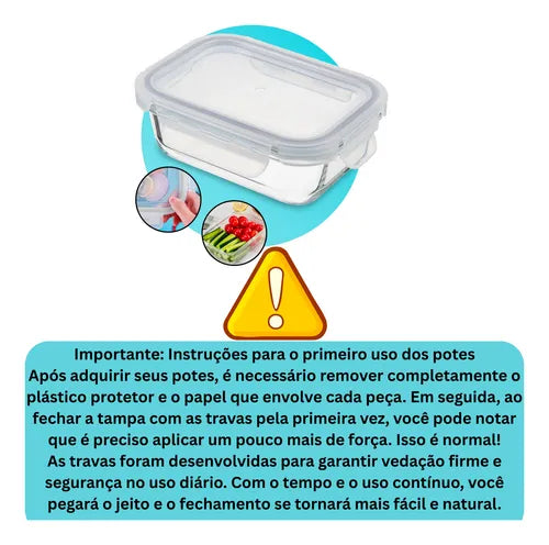 Kit 4 Potes 1040ml Hermético Vidro Marmita Com 4 Travas