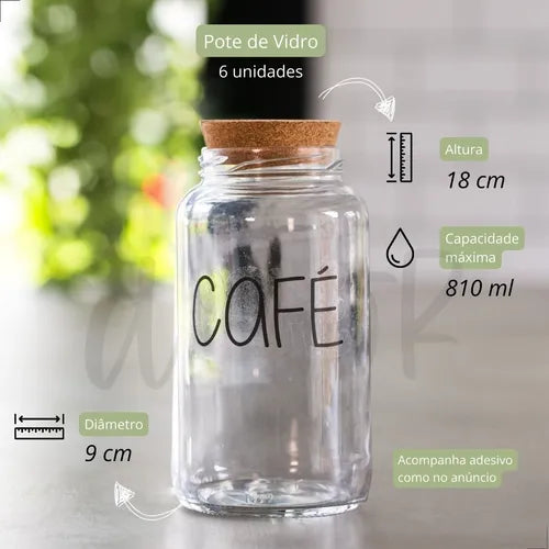 Kit 6 Potes Médios De Vidro 810 Ml Com Tampa Cortiça Cor Transparente