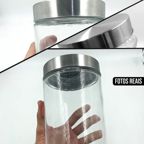 Jogo 3 Pote Vidro Liso 2100ml Tampa Aço Inox Rdeondo Grande