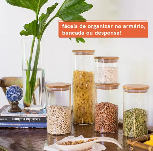 Conjunto De 4 Potes Herméticos De 400 Ml Com Tampa De Bambu