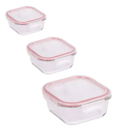 Conjunto 3 Potes Herméticos Vidro Quadrados Tampa E Travas