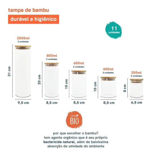 Potes De Vidro Mantimentos Com Tampa Bambu Oikos - 11 Pçs