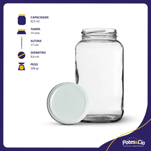 6 Potes De Vidro 800ml Az 500 Com Tampas Metálicas E Lacres Cor Branco