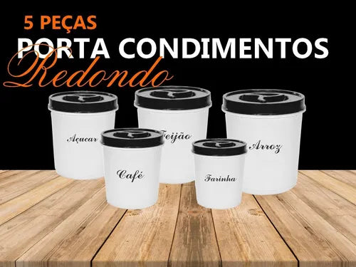 Kit Porta Mantimentos 5 Potes Redondo Porta Arroz Feijão Cor Preto