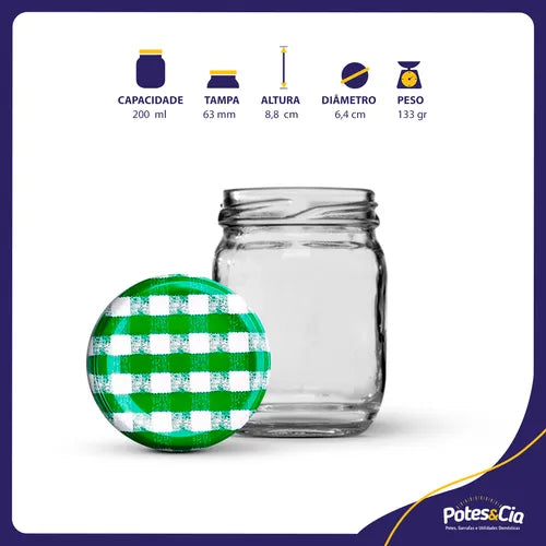 12 Potes Conserva 200ml Com Tampa Metálica E Lacre Cor Verde Xadrez