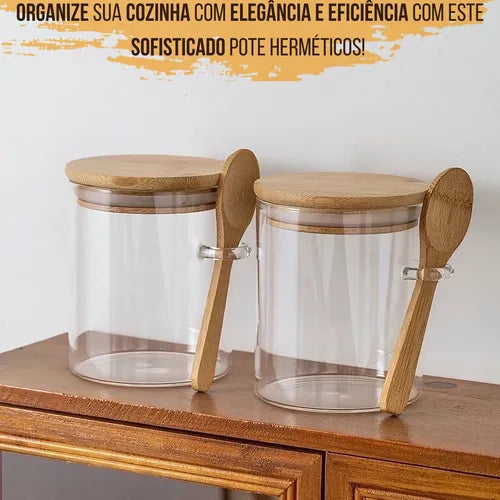 2 Potes De Vidro Hermético Colher Bambu Açucareiro E Saleiro