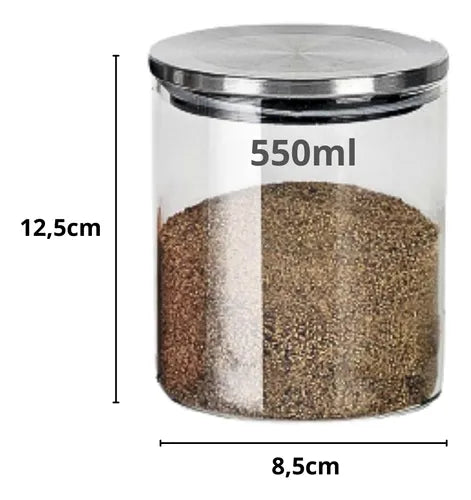 Pote Hermetico Vidro Tampa Inox Para Alimentos 550 Ml 3 Un