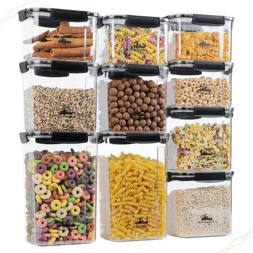 Kit com 10 Potes Herméticos Retangulares Empilháveis com 4 Travas, Porta-Mantimentos e Alimentos, Super Resistentes e à Prova de Vazamento, Ideal para Organizar Cozinha e Armários, House Organizer