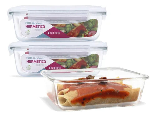 Kit 3 Potes Vidro 1040ml Marmita Hermetico Cor Branco U4home