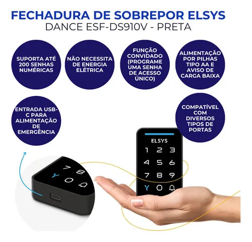 Fechadura Digital Elsys Dance Sobrepor Preta Design