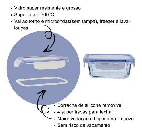 Kit 3 Potes Herméticos Marmitas Vidro 4 Travas 1040 Ml