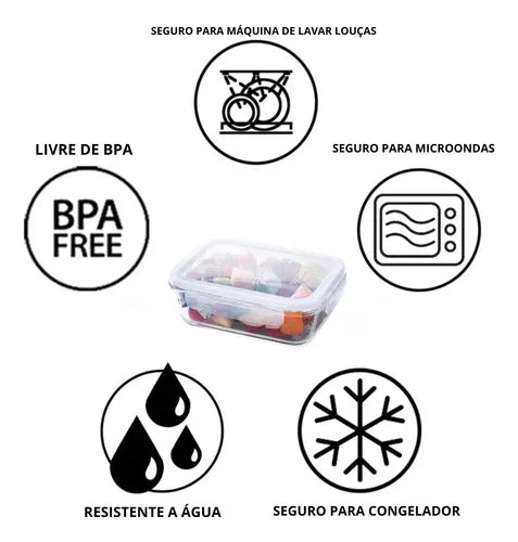 Yab - Kit 5 Potes De Vidro Marmita C/ Tampa Hermético 640ml Retangular 4 Travas Borossilicato Alimentos Micro-ondas Freezer Geladeira
