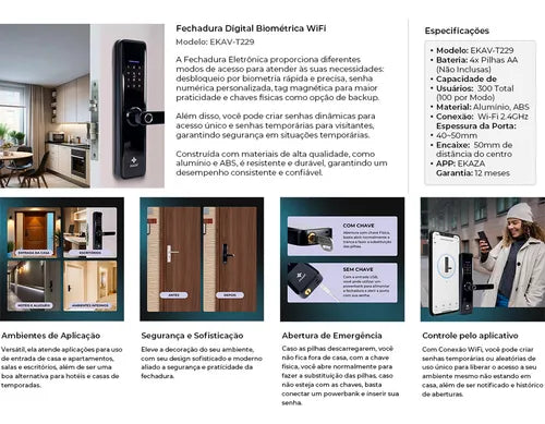 Fechadura Inteligente Wifi Biométrica Eletrônica Digital Touch Ekaza EKAV-T229 Tuya Smart Life Preta