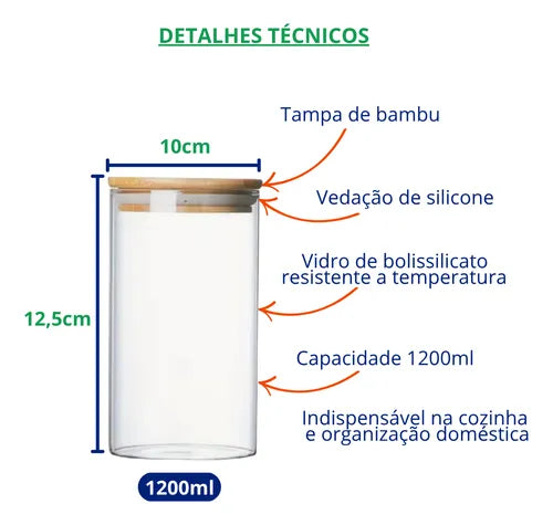 Pote Vidro Hermetico Tampa Bambu 1200ml Premium Cereal Graos