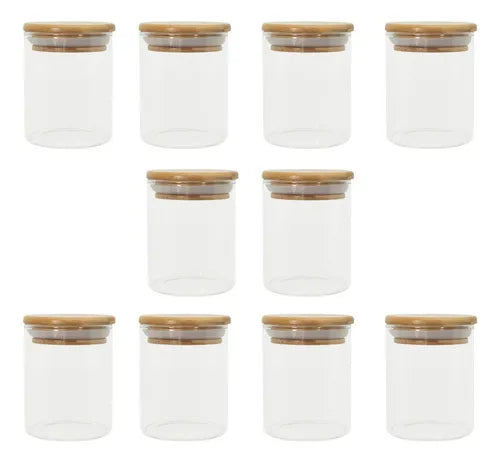 Kit Conjunto 10 Potes Vidro Hermético 200ml Tampa De Bambu Cor Natural